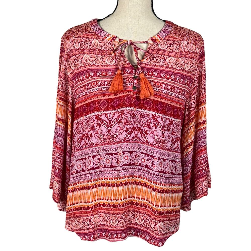 Farmers Market Large Boho Top Paisley Hi-Low Hem Tie Keyhole 3/4 Flare Sleeves